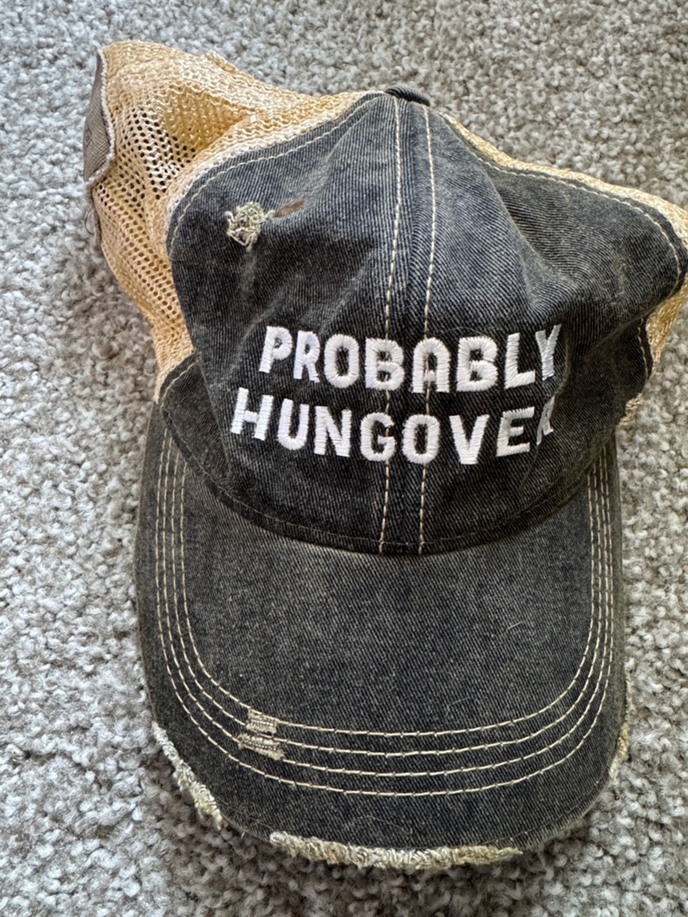 Original Retro Brand 'Probably Hungover' Distressed Black and Tan Mesh Cap